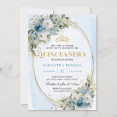 Romantic Pastel Blue Gold Eucalyptus Quince 15 Einladung (Vorderseite)
