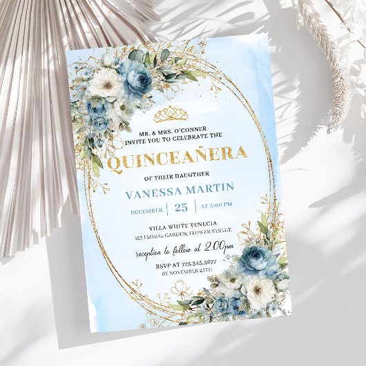 Romantic Pastel Blue Gold Eucalyptus Quinceañera Einladung