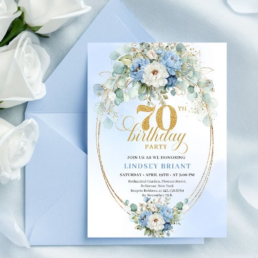 Romantic Pastel Blue Peonies 70th Birthday Invite Einladung