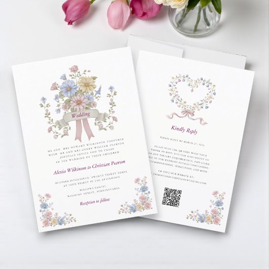Romantic Pastel Floral all in one wedding qr code  Einladung