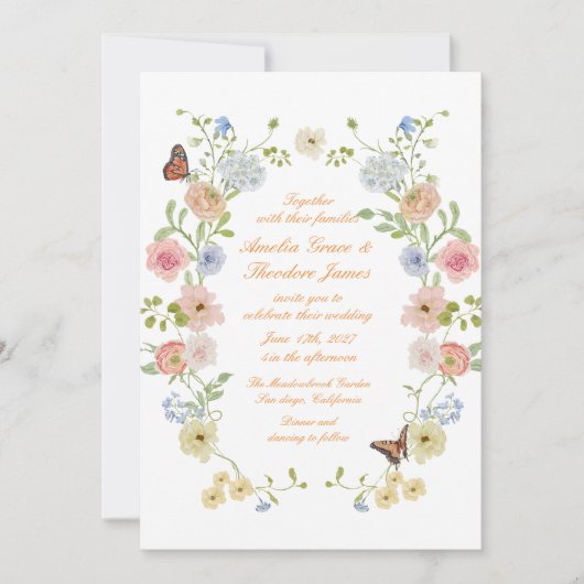 Romantic Pastel Floral Garden Wedding Invitation Einladung (Vorderseite)