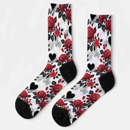 Romantic Patterned Red Roses and Black Hearts Socken (Linkes Detail)