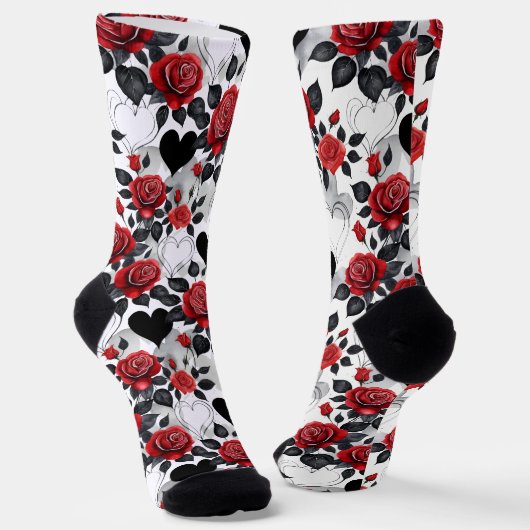Romantic Patterned Red Roses and Black Hearts Socken (Gewinkelt)