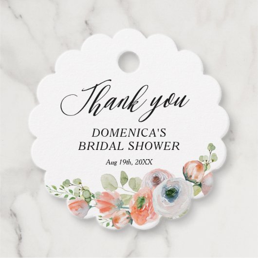 Romantic Peach Floral Bridal Shower Geschenkanhänger (Vorderseite)