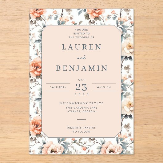 Romantic Peach Floral Wedding Invitation Acryleinladungen (Vorderseite)