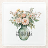 Romantic Peach Mint Roses Floral Vase Glasuntersetzer (Vorderseite)