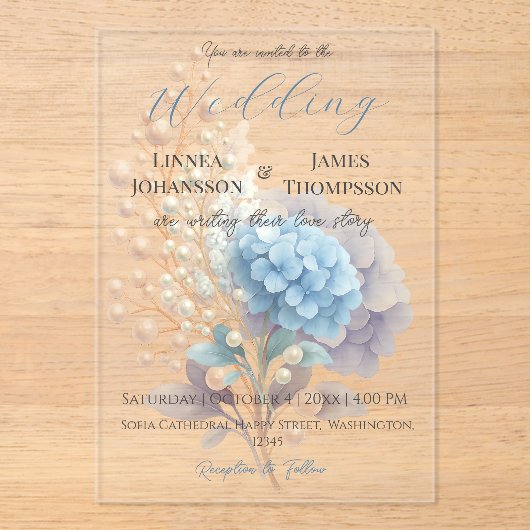 Romantic Pearl Hydrangea Blue Waterercolor Wedding Acryleinladungen (Vorderseite)