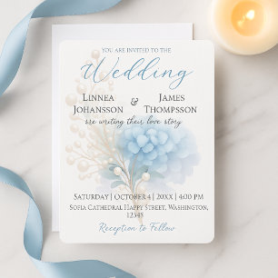 Romantic Pearl Hydrangea Blue Waterercolor Wedding Einladung