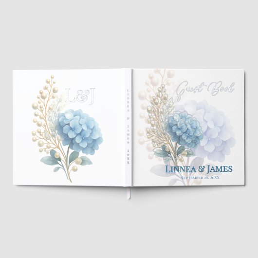 Romantic Pearl Hydrangea Blue Waterercolor Wedding Gästebuch (Voll)