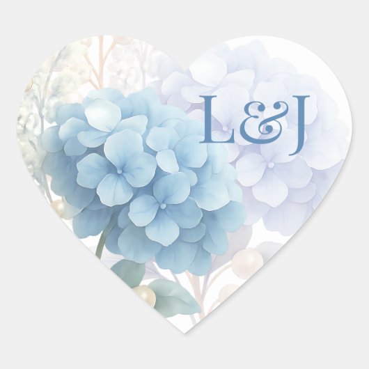 Romantic Pearl Hydrangea Blue Waterercolor Wedding Herz-Aufkleber (Vorderseite)