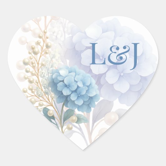 Romantic Pearl Hydrangea Blue Waterercolor Wedding Herz-Aufkleber (Vorderseite)