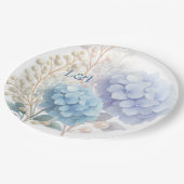 Romantic Pearl Hydrangea Blue Waterercolor Wedding Pappteller (Schrägansicht)