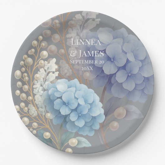 Romantic Pearl Hydrangea Blue Waterercolor Wedding Pappteller (Vorderseite)