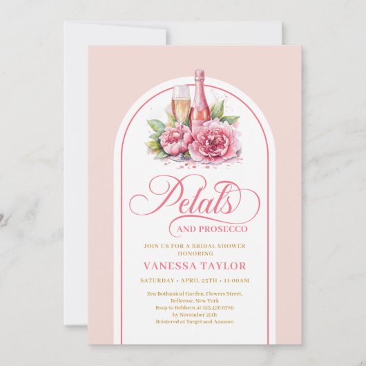 Romantic petals and prosecco watercolor shower einladung (Vorderseite)