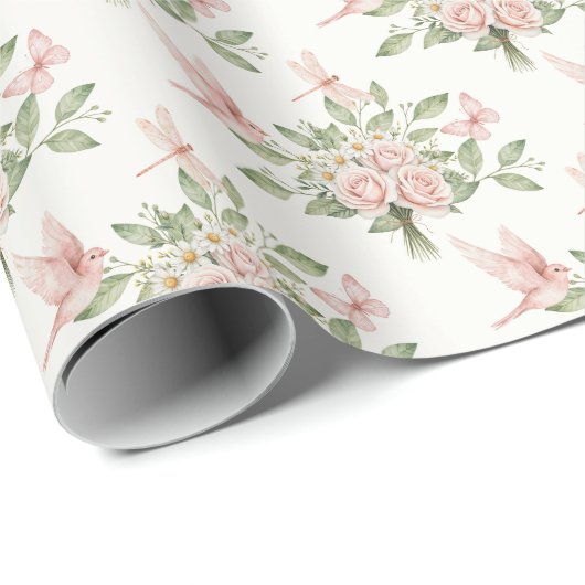 Romantic pink and green bird and flowers geschenkpapier (Rolleneckpunkt)