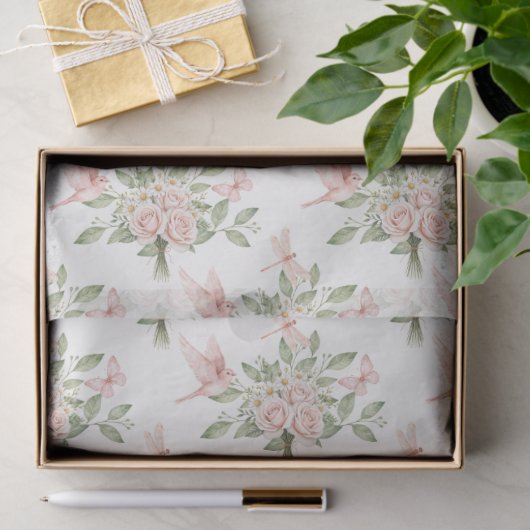 Romantic pink and green bird and flowers seidenpapier (Geschenk)