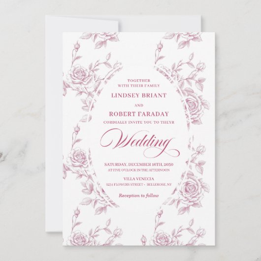 Romantic Pink and White Rose Pattern Wedding Einladung (Vorderseite)