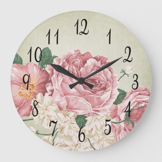 Romantic Pink and White Roses Große Wanduhr (Vorderseite)