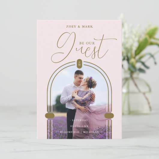 Romantic Pink Arch Photo & Initials QR Code Save The Date (Stehend Vorderseite)