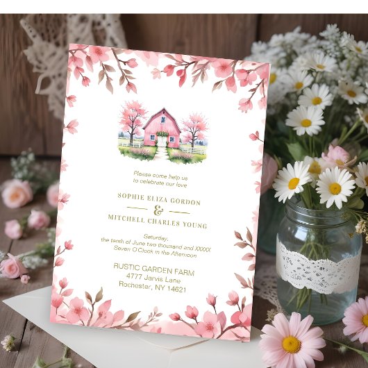 Romantic Pink Barn Rustic Landscape Floral Frame Einladung