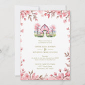 Romantic Pink Barn Rustic Landscape Floral Frame Einladung (Vorderseite)