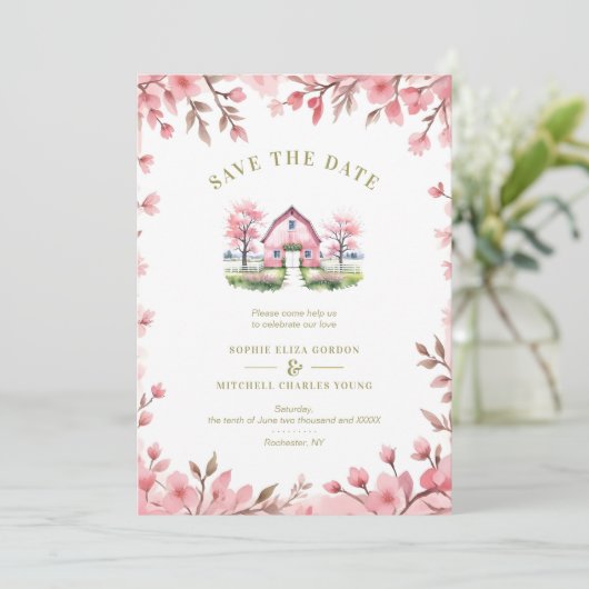 Romantic Pink Barn Rustic Landscape Floral Frame Save The Date (Stehend Vorderseite)