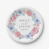 Romantic Pink & Blue Watercolor Floral wedding Pappteller (Vorderseite)