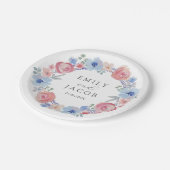 Romantic Pink & Blue Watercolor Floral wedding Pappteller (Schrägansicht)
