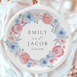 Romantic Pink & Blue Watercolor Floral wedding Pappteller