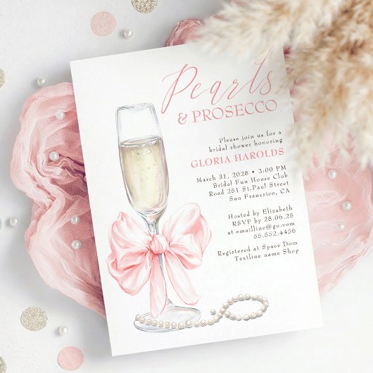 Romantic Pink Bow Pearls & Prosecco Bridal Shower Einladung