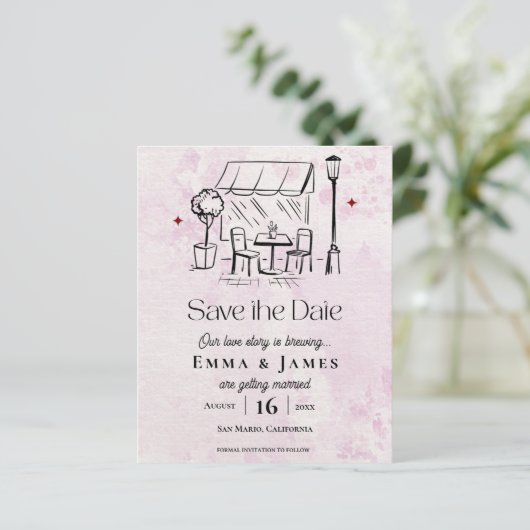 Romantic Pink Café Courtyard Wedding Save the Date (Stehend Vorderseite)