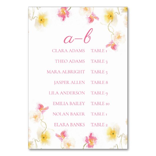 Romantic Pink Floral Alphabet Seating Chart Card Tischnummer (Vorderseite)