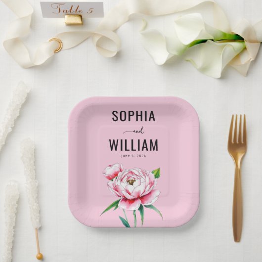 Romantic Pink Floral Illustration Pappteller (Hochzeit)