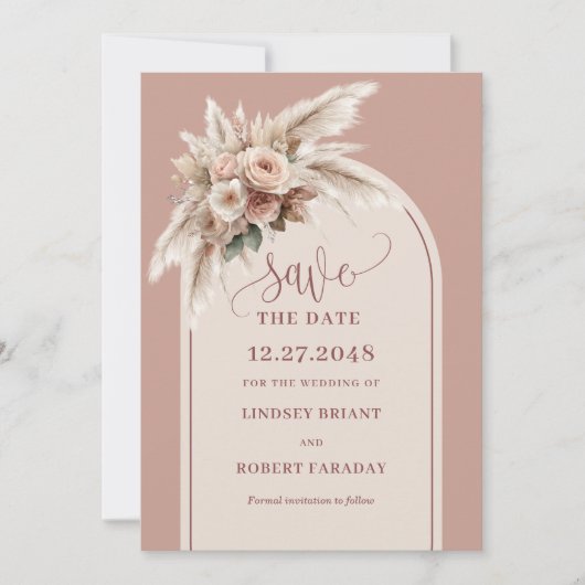 Romantic Pink Flowers Boho Arch Save The Date Einladung (Vorderseite)