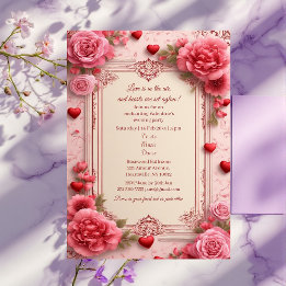 Romantic Pink Heart Motifs Valentine Party Floral  Einladung