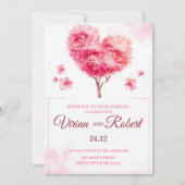Romantic Pink Heart Tree Watercolor Wedding Invita Einladung (Vorderseite)