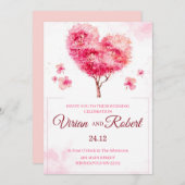 Romantic Pink Heart Tree Watercolor Wedding Invita Einladung (Vorne/Hinten)