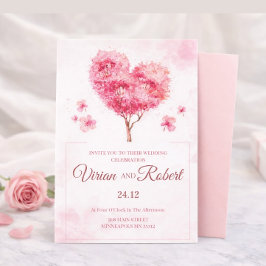 Romantic Pink Heart Tree Watercolor Wedding Invita Einladung