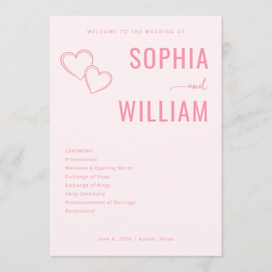Romantic Pink Heart Wedding Invitations Programm (Vorderseite)