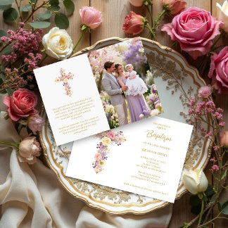 Romantic Pink Lilac Floral Cross Baptism Einladung