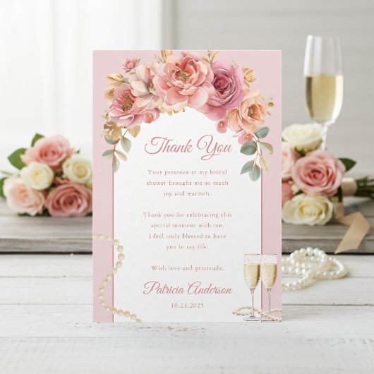 Romantic Pink Pearls & Prosecco Bridal Shower Dankeskarte