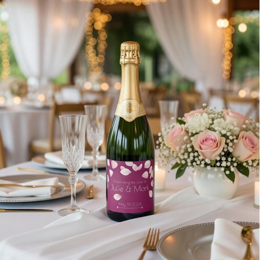 Romantic Pink Petals Custom Champagne Label Schaumweinetikett