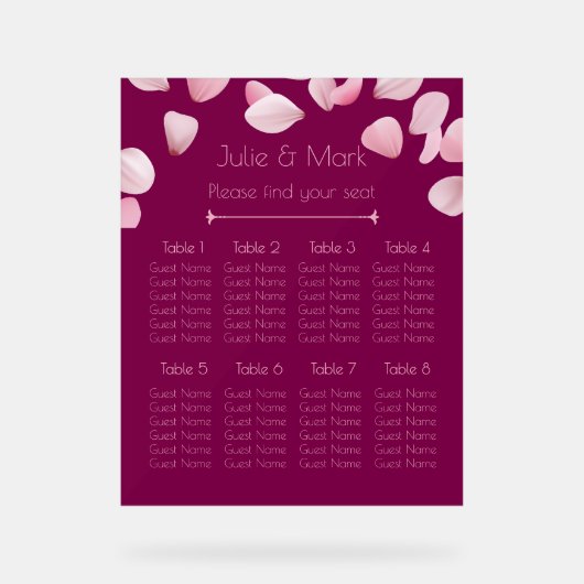 Romantic Pink Petals Wedding Seating Chart Acrylschild (Vorderseite)