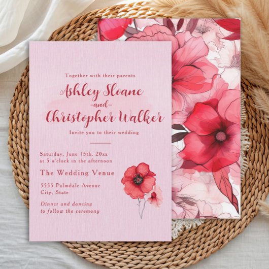 Romantic Pink Red Floral Wedding Einladung