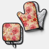 Romantic Pink Roses Motif Ofenhandschuh & Topflappen-Set (Vorderseite/Rückseite)