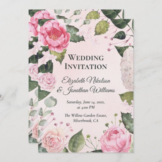Romantic Pink Roses Wedding Invitation Einladung (Vorne/Hinten)