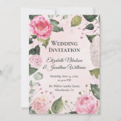 Romantic Pink Roses Wedding Invitation Einladung (Vorderseite)