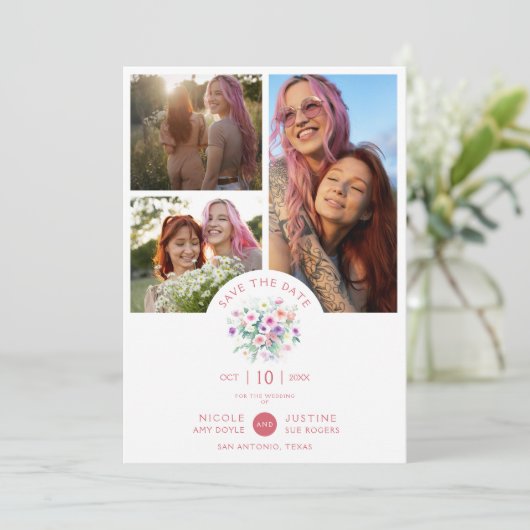 Romantic Pink Shades Botanical Bunch 3 Multi photo Save The Date (Stehend Vorderseite)