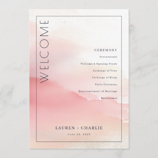 Romantic Pink Watercolor Ceremony Schedule Programm (Vorderseite)