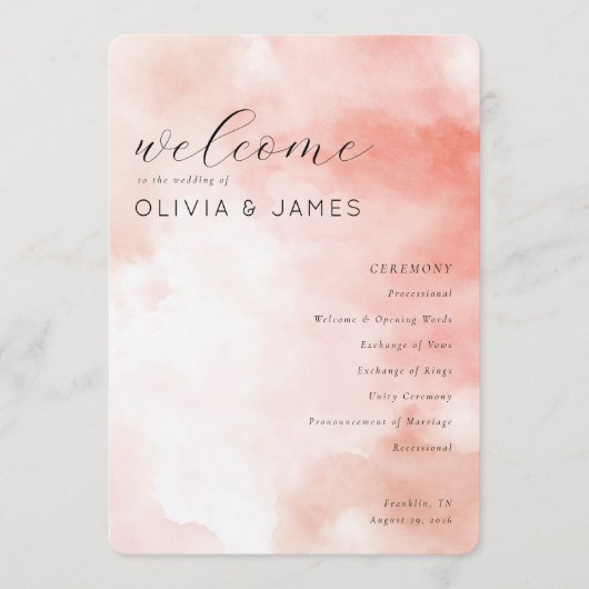 Romantic Pink Watercolor Wedding Schedule Programm (Vorderseite)